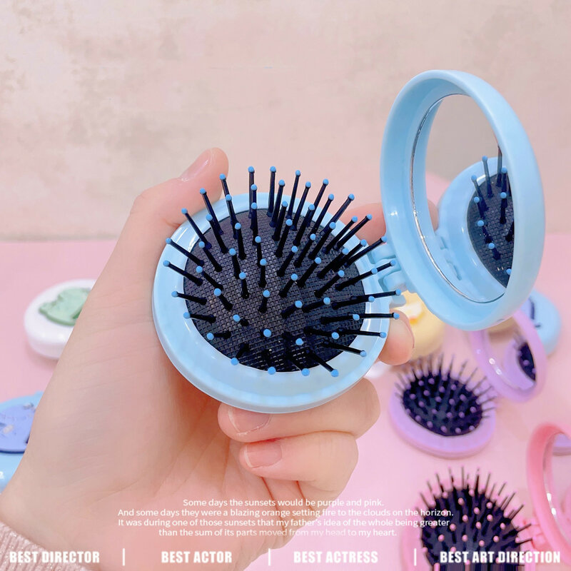 1PC Cute Cartoon Makeup Comb Mirror Folding Massage Hair Brush Round Mini Airbag Comb with Mirror Travel Comb Handheld Mirror