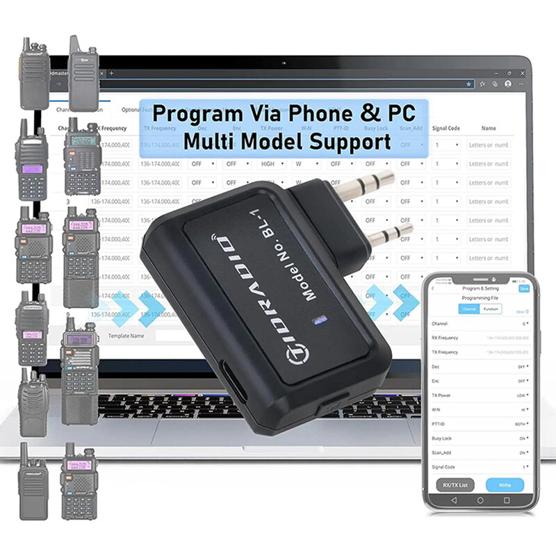 Walkie-talkie inalámbrico, programador para teléfono, PC, Bluetooth, programación para BF, UV-5R, Radio, varios modelos, sin Cable de problema de controlador