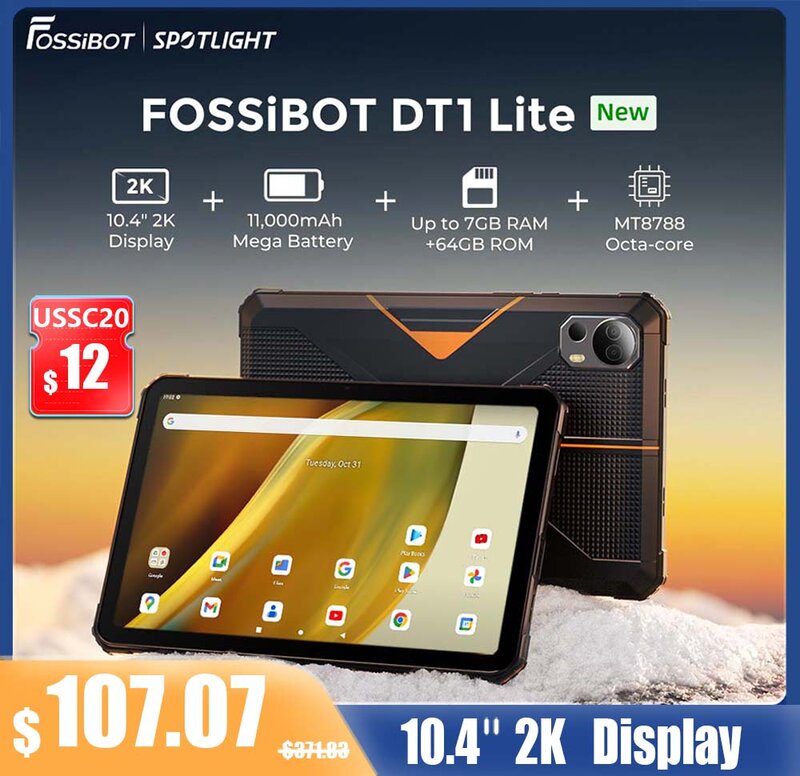 Fossibot Dt1 Lite, Robuuste Tablet,Android 13,10.4 ''2K-Groot Scherm, 4Gb Ram 64Gb Ram, 11000Mah Batterij, Vier Hi-Res Luidsprekers Pad