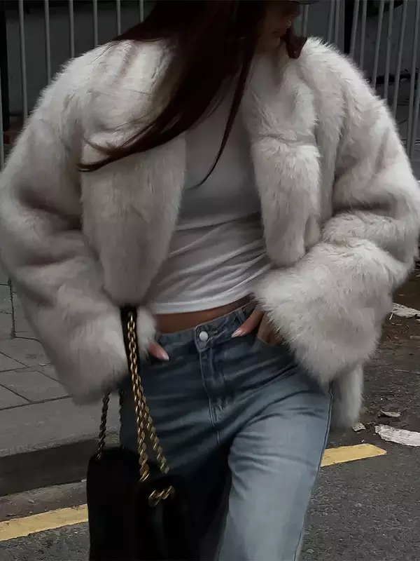 Jaket bulu palsu tebal hangat wanita, mantel hangat kerah Lapel lengan panjang musim gugur musim dingin Fashion wanita Streetwear