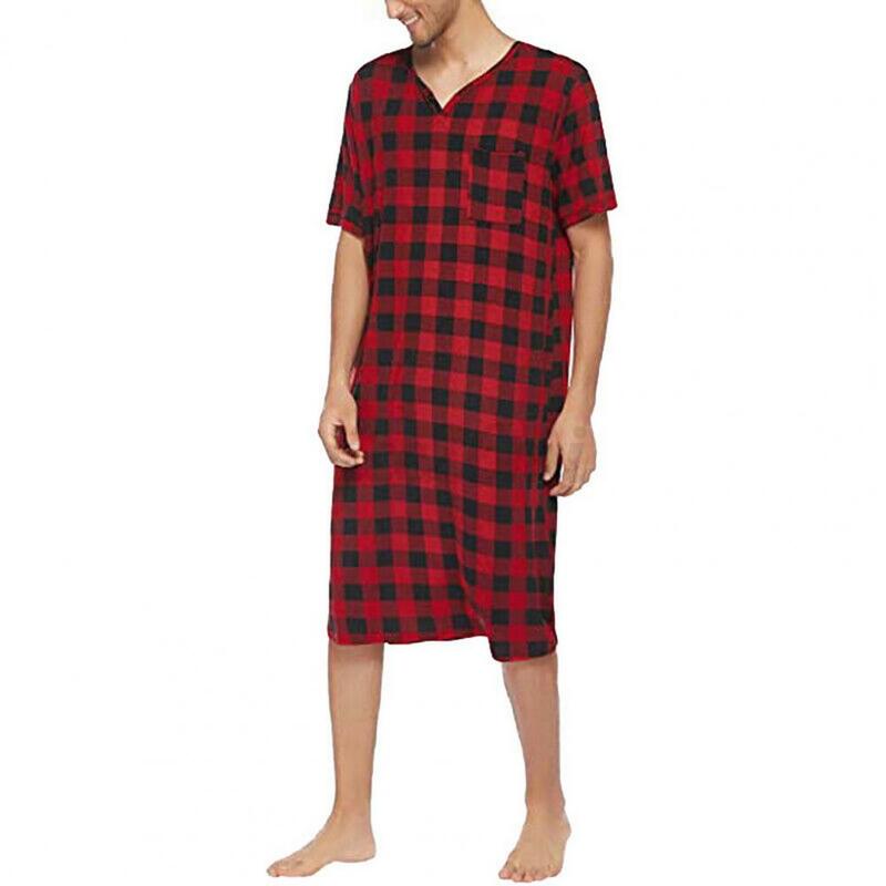 Pijama con cuello en V para hombre, bata de dormir informal con estampado a cuadros, mangas cortas, bolsillo en el pecho, una pieza para mayor comodidad