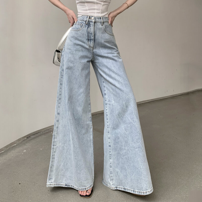 Jeans americanos vintage largos para mulheres, cintura alta, jeans solto, calças de perna larga, moda verão, novo, 2023
