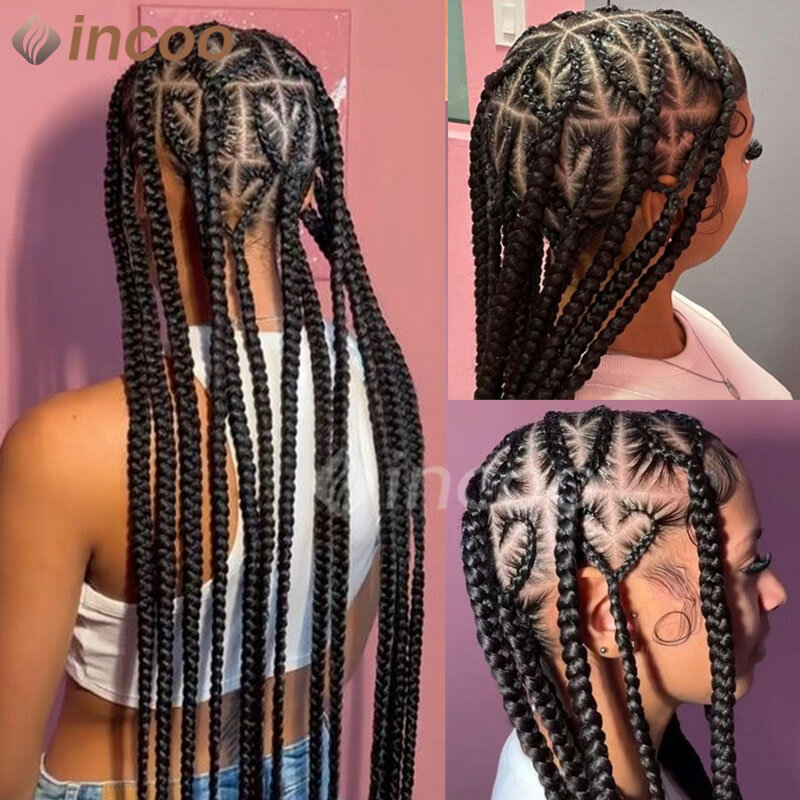 Incoo Synthetic Full Lace Briaded Wig Heart Shaped Knotless Cornrow Braids Wig Transparent Lace Braided Wig Box Faux Locs Wig