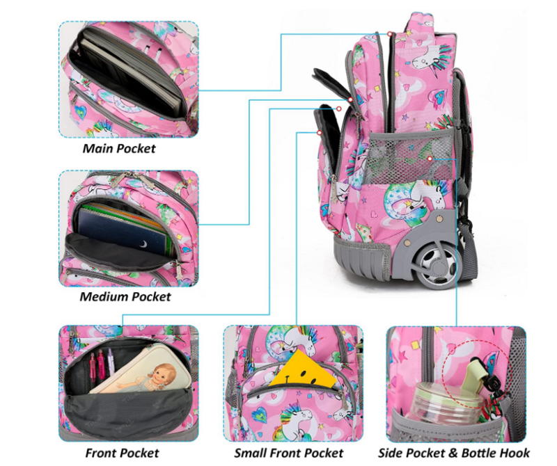 Sac à dos roulant pour enfants, ensemble 3 en 1 de 16 pouces avec sac à déjeuner, trousse à crayons pour filles, valise de voyage à roulettes