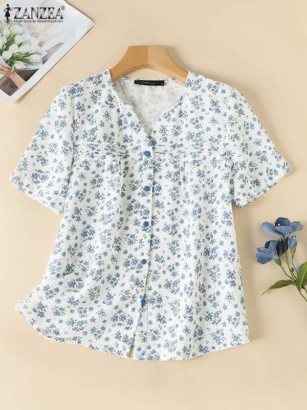ZANZEA damskie koszula z nadrukiem w kwiaty artystyczne bluzki 2024 letnie guziki z dekoltem w szpic z krótkim rękawem tunika w stylu Vintage bluzy na co dzień