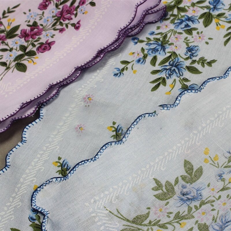 Bawełniane chusteczki z falowanymi krawędziami, damskie, haftowane kwiaty z koronką, chusteczka dla kobiet, popołudniowa herbata, 3 sztuki