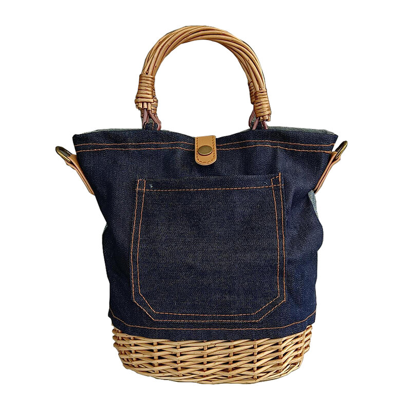 Bolso de mano de tela vaquera para mujer, bolsa de cesta tejida de mimbre, bolsos de playa de mimbre, bolso de hombro de lona de viaje