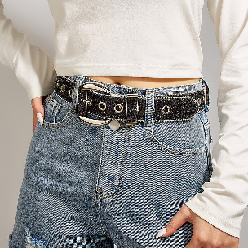 Modny gotycki Rhinestone Y2K pasek dla kobiet dziewczyny błyszczący skórzany pas kowbojka Jeans spodnie pas odzież akcesoria