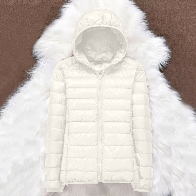 Chaqueta de plumón de pato para mujer, abrigo ultraligero de talla grande, con capucha corta, cálido, blanco, a prueba de viento