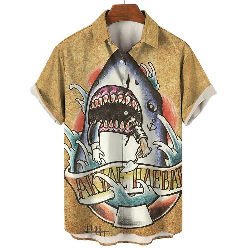 Camisa hawaiana de manga corta para hombre, camisa con botones de playa, estampado 3D de tiburón Animal, cuello de solapa informal, ropa Retro de moda, Hiphop, novedad