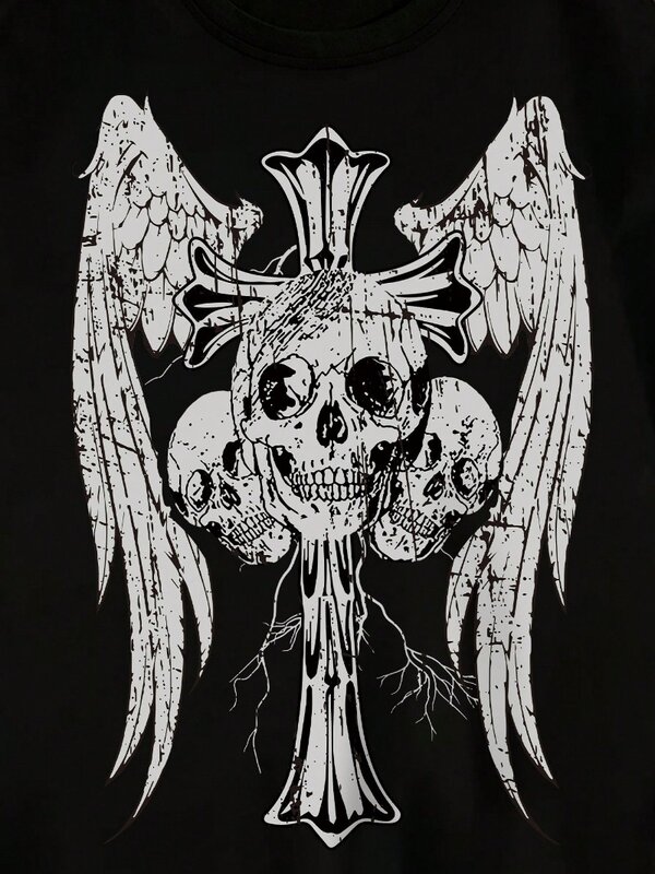 T-shirt à manches courtes imprimé tête de mort et ailes d'ange pour hommes, nouvelle mode, American Street, été, vintage, 2024