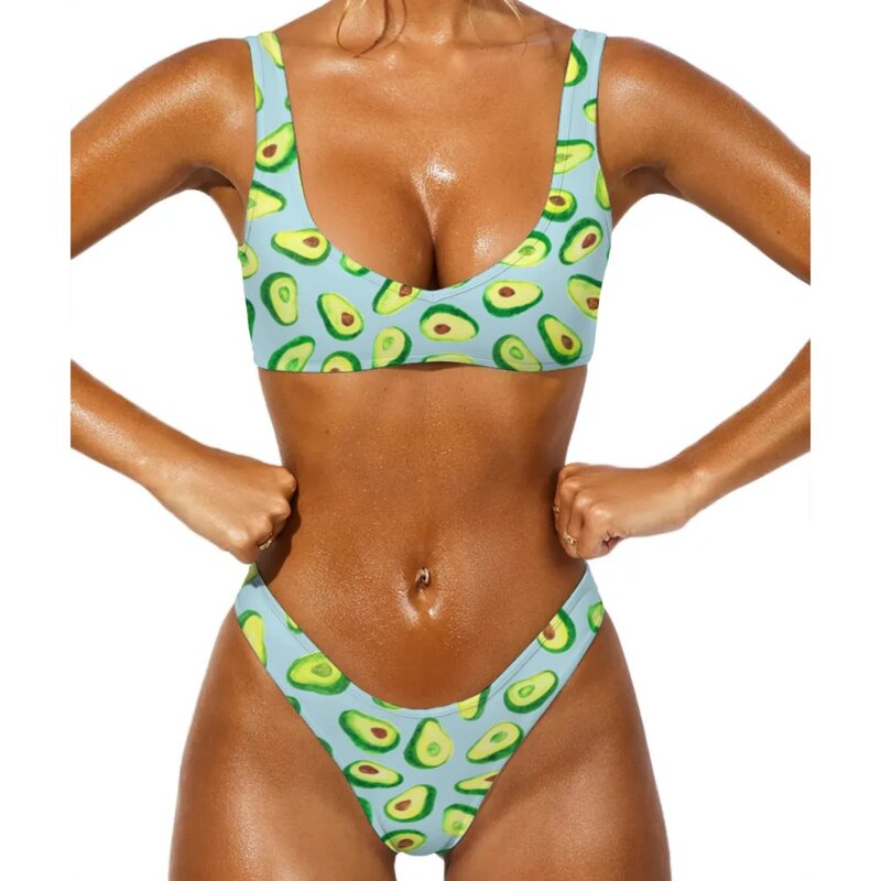 Bonito Kawaii Abacate Fruit Swimwear impressão para mulheres, micro biquíni maiô, sexy push up biquínis conjunto, surf esporte, moda praia