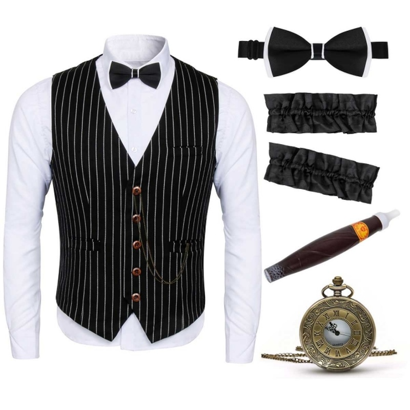 Adult Mens Gangster Stripe Vest Tie 2PCS Sets 5 Pieces 1920s Accessories Halloween Cosplay Costume Party Outfits