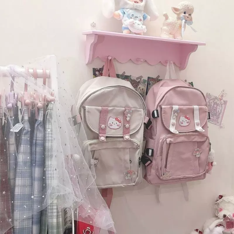 Tas ransel serbaguna versi Korea, tas sekolah kapasitas besar, tas sekolah Hello Kitty wanita, tas kayu manis Jepang, ransel anak perempuan