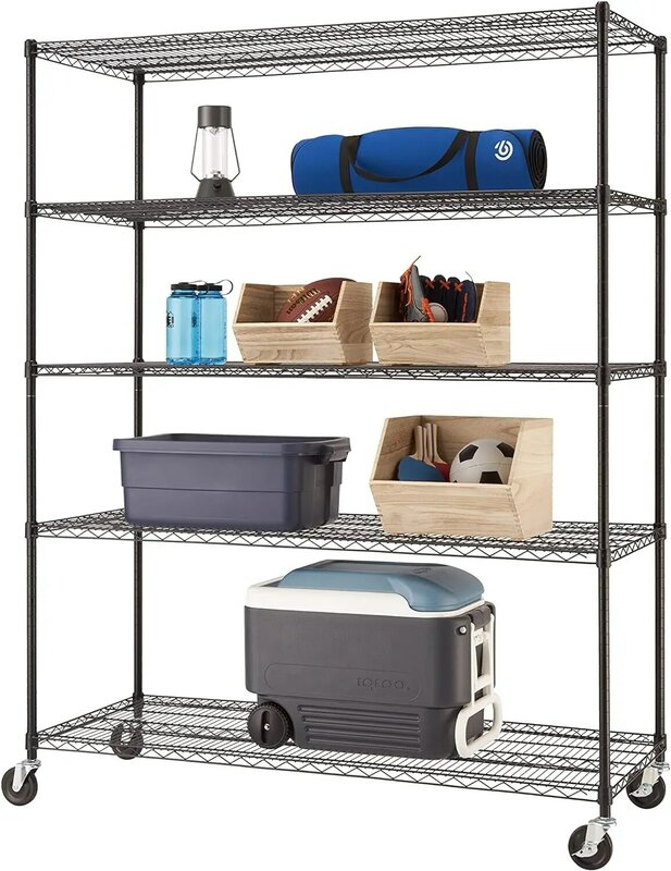Basics estantería de alambre ajustable de 5 niveles con ruedas para organización de cocina, almacenamiento de garaje, lavandería