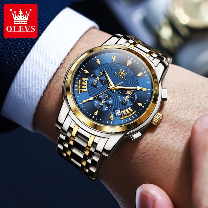 OLEVS-Men's Luxury Moon Phase Chronograph Quartz Watch, aço inoxidável, impermeável Sport relógios de pulso, 24 horas, Top Brand