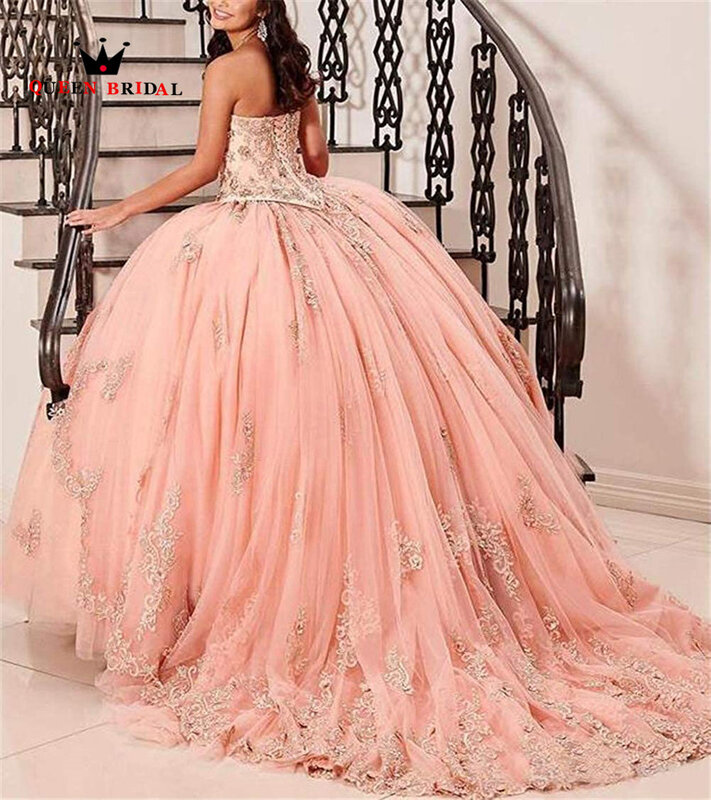 Pink Sweetheart Ball Gown Quinceanera Dress Modern Lace Applique Off Shoulder Beaded vestidos de 15 quinceañera Custom Made LJ56