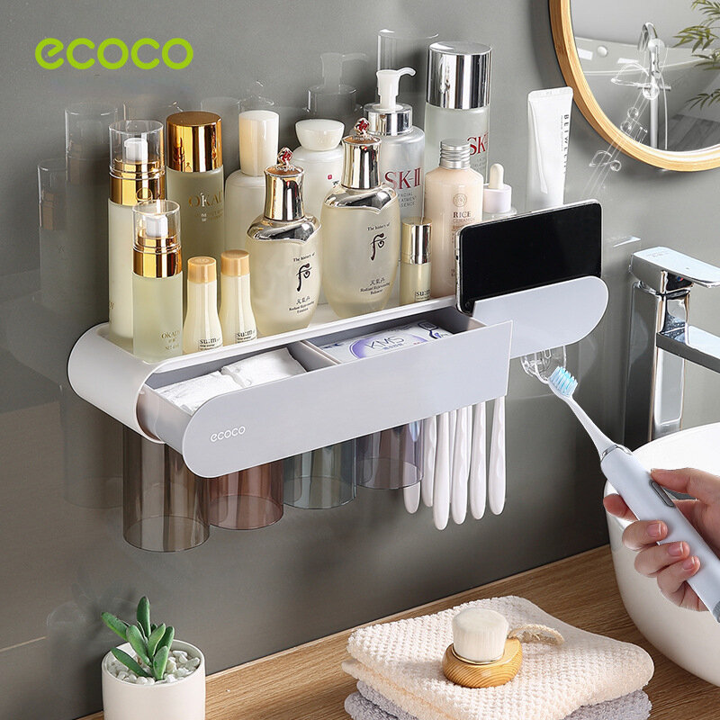 ECOCO ชุดเก็บการดูดซับแม่เหล็ก Inverted ผู้ถือแปรงสีฟันยาสีฟันอัตโนมัติ Squeezer Dispenser เก็บอุปกรณ์ห้องน้ำ