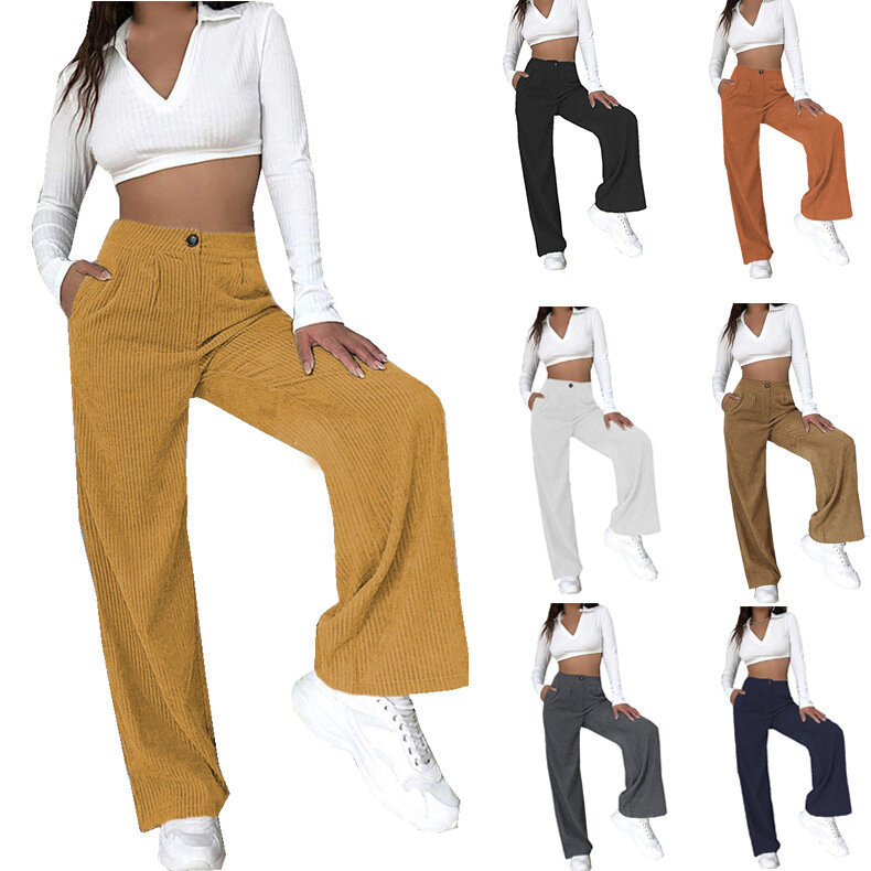 Вельветовые свободные прямые женские брюки с завышенной талией, яркие широкие брюки-багги, винтажные шикарные элегантные женские брюки