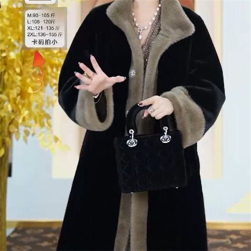 Mantel hangat mode wanita, mantel hangat Mode panjang sedang Korea, mantel terintegrasi bulu Mink imitasi tebal longgar musim gugur/musim dingin 2023