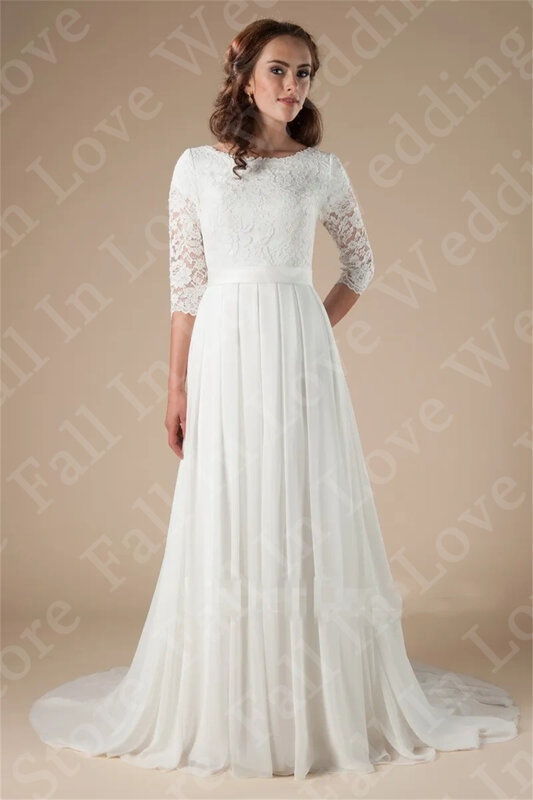 New Lace Chiffon Long Wedding Dress O-Neck 3/4Sleeves Bridal Gowns Custom Made Boho Beach A-Line Party dress Bridesmaid dresses