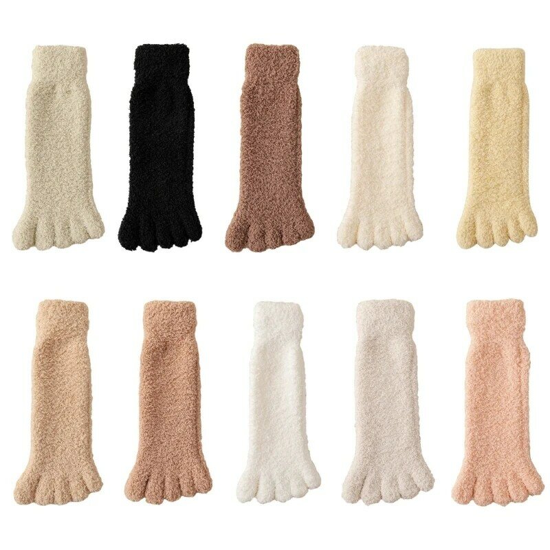 Chaussettes pelucheuses à cinq doigts pour femmes, couleur unie, chaussettes thermiques d'hiver pour dormir à maison