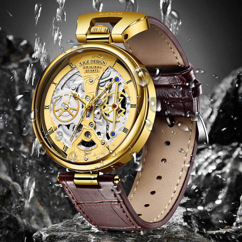 2023 LIGE 남성용 브라운 가죽 크로노그래프 스포츠 시계, 패션 날짜 방수 시계, 최고 브랜드 럭셔리 시계