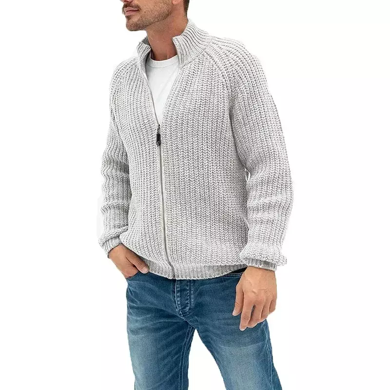 2023 Autumn/Winter Sweater Cardigan Men's European and American Solid Color Zipper High Neck Knitted Coat Large  Wear