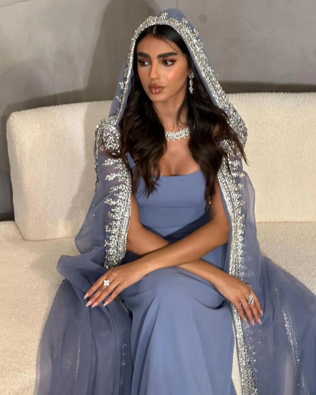 Oisslec-Robe de soirée de luxe en forme de sirène pour femme, tenue élégante avec manches cape, de couleur bleu, vert sauge, pour mariage arabe, Dubaï, sSS445