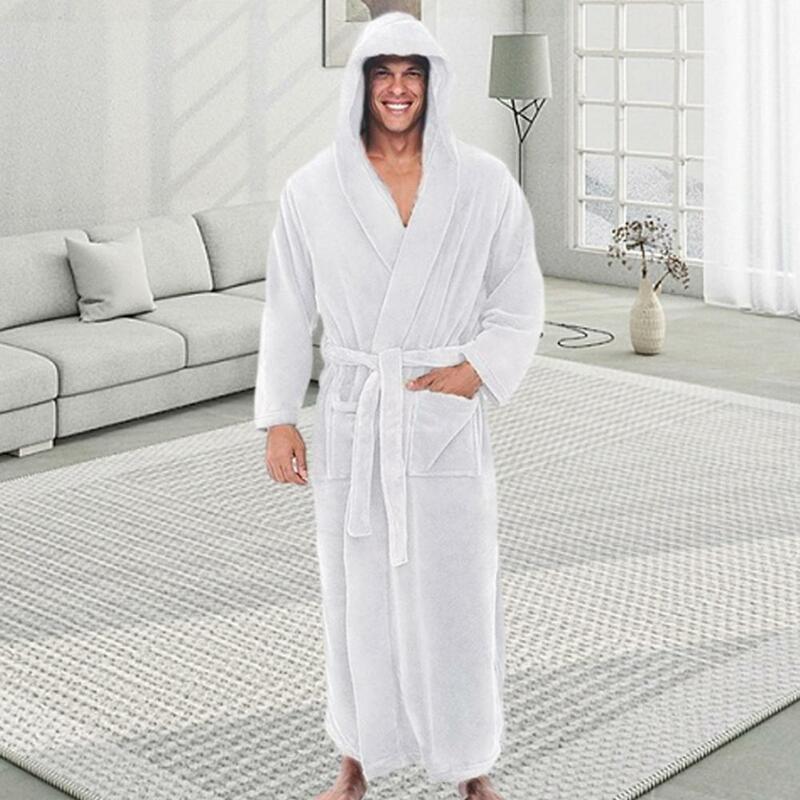 Men Hooded Bathrobe Flannel Robe Long Bath Robe Home Gown Sleepwear Soft Fluffy Hooded Bathrobe Quick Dry Lounging Bathrobe