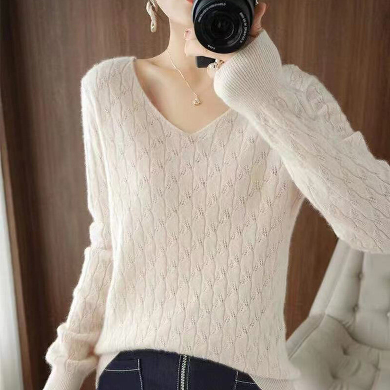 Summer Elegant Fashion Office Lady Loose Casual Pullover Solid Color Hollow Out Sweater Retro V Neck Long Sleeve Y2K Chic Tops