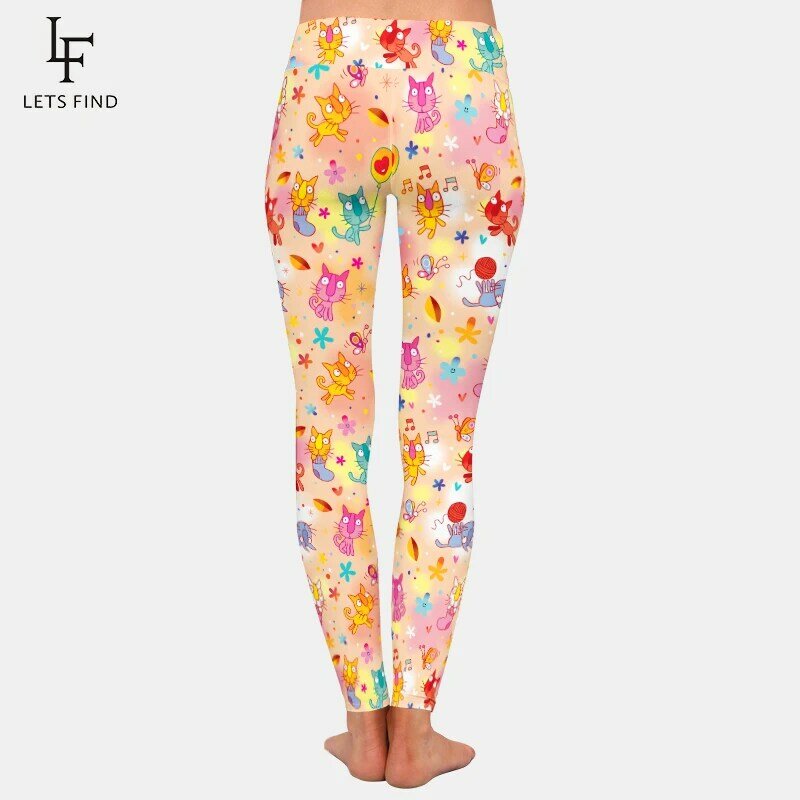 LETSFIND wysokie elastyczne legginsy Fitness koty kreskówki kwiatowe elementy muzyczne druk cyfrowy spodnie dziewczęce pełne legginsy damskie