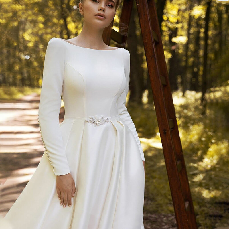 Klasyczne suknie ślubne Satun linia suknie ślubne z długim rękawem eleganckie dla kobiet suknia ślubna Custom Made Robe De Mariee 2023