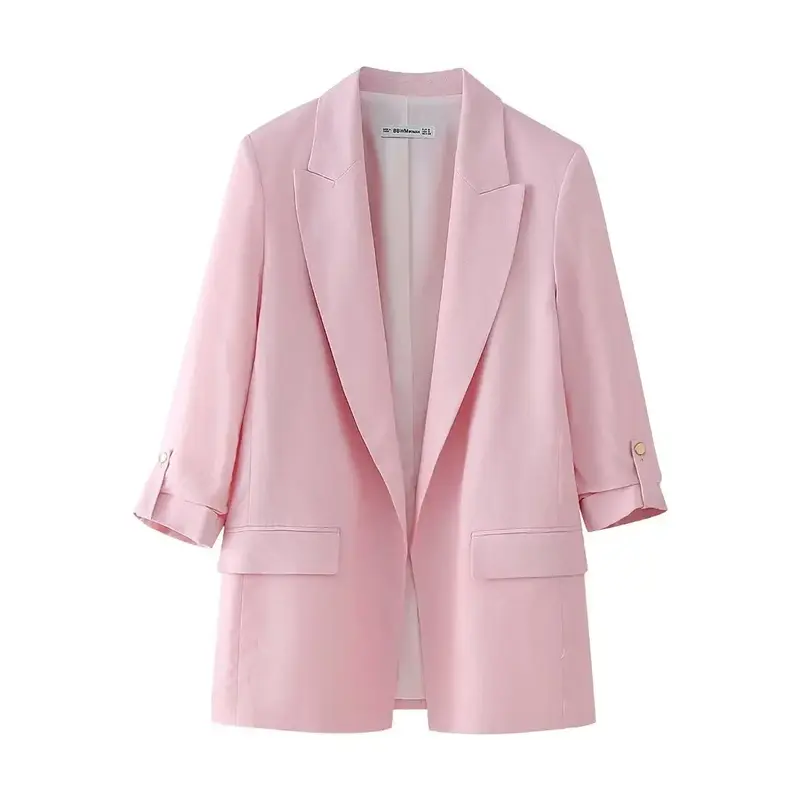 Women's 2024 New Fashion Casual Joker Linen Blended Suit Jacket Retro Long Sleeve Pocket Women's Coat Chic Veste