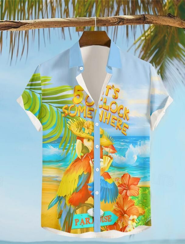 It's 5 O'clock Somewhere Parrot Men's Resort Hawaiian 3D Printed Shirt Button Up Short Sleeve Summer Beach Shirt Vacation Wear