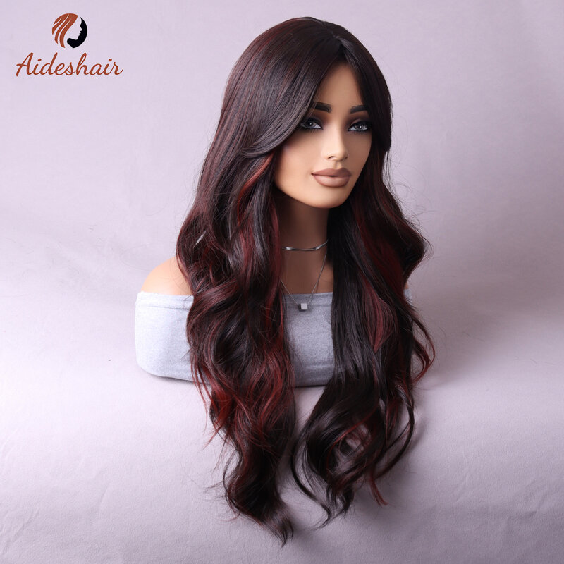 Red Wigs with Bangs Long Wavy Wig for Women Ombre Red Wigs with Bangs Synthetic Heat Resistant Fiber Wigs for Daily 28 Inch