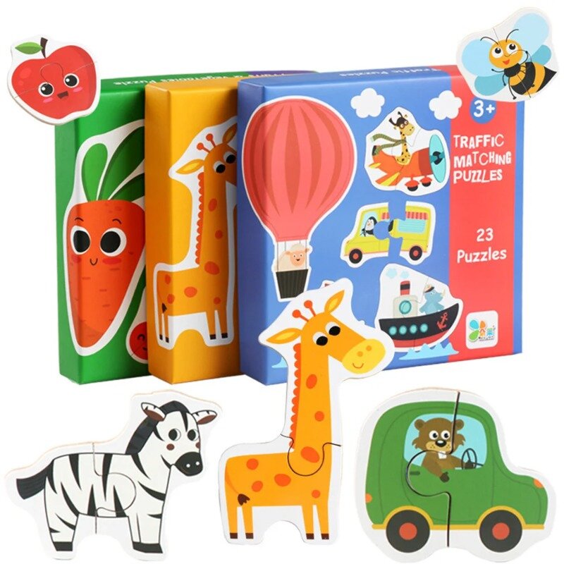 Wooden Jigsaw Matching Puzzle Game para crianças, aprendizagem precoce, animal, fruta, tráfego, brinquedos educativos, presentes do bebê, crianças