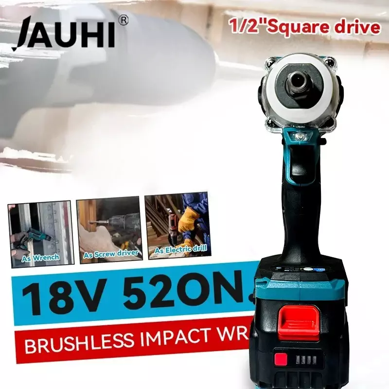 JAUHI 520N.M Brushless Electric Impact Wrench Cordless Electric Wrench 1/2 inch for Makita 18V Battery Screwdriver Power Tools