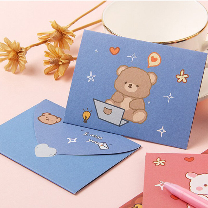 10 szt. Kartka z motywem kreskówkowym karta podarunkowa złożona koperta DIY Tanabata z bukietem kartka z wiadomością życzenia urodzinowe pocztówka