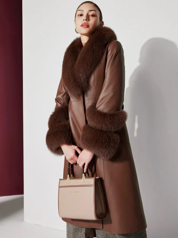 Роскошная женская Банкетная длинная куртка из натуральной овечьей кожи с воротником из лисьего меха зимнее теплое пальто с гусиным пухом элегантное пальто с поясом