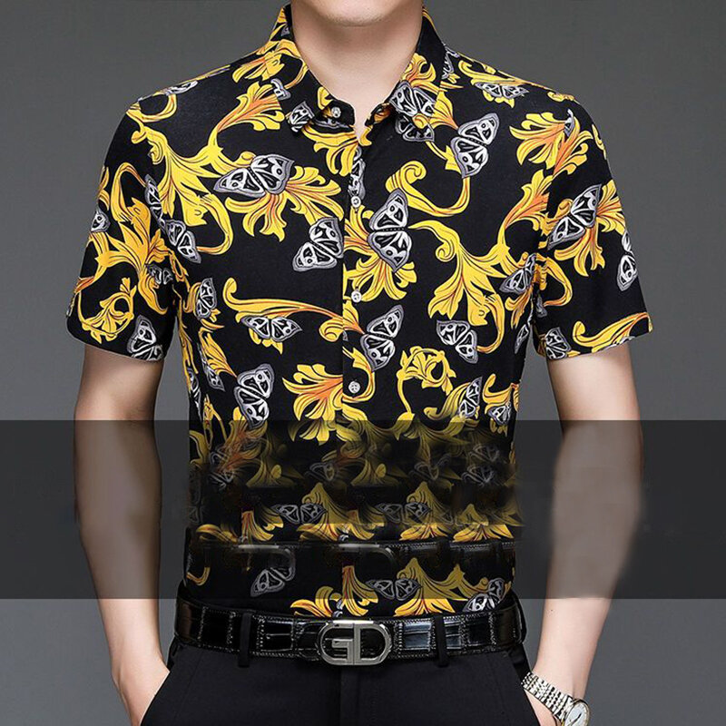 Camisa masculina com botão de lapela estampado vintage, tops estilo inglês, roupa casual solta, nova, verão, 2022