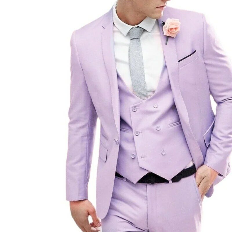 Traje de 3 piezas para hombre, chaqueta de esmoquin, chaleco y pantalones de cuello plano, fila única, dos botones, ideal para novio, banquete de boda