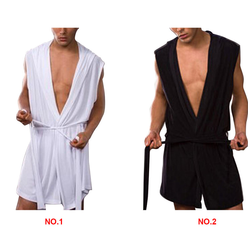 Men Summer Bathrobe Silky Hooded Sleeveless Bathrobe Sleepwear Pajamas