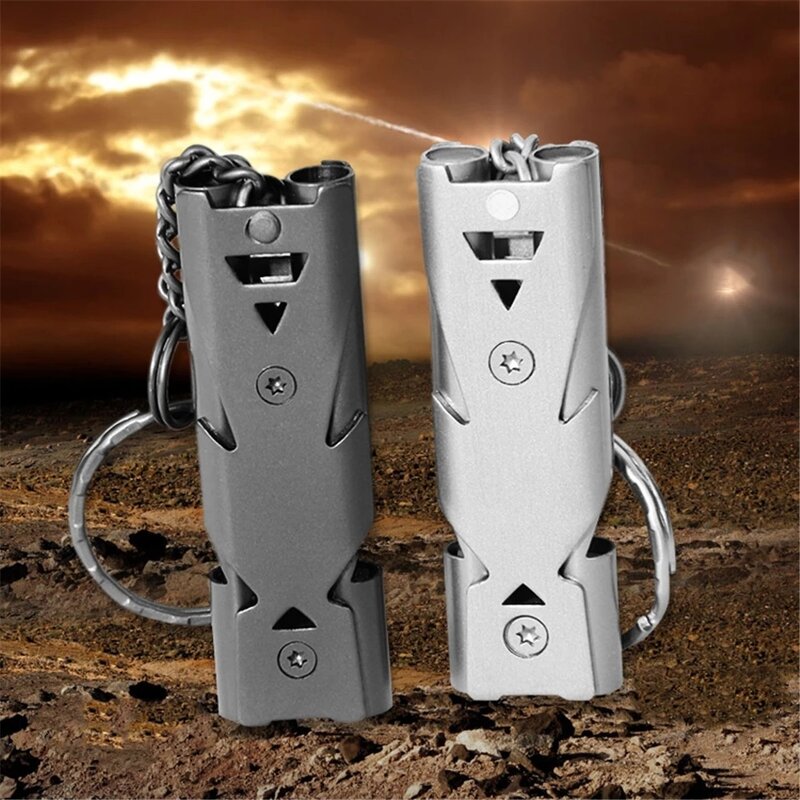 Aço inoxidável portátil Keychain Whistle, ao ar livre alta decibel, tubo duplo, sobrevivência de emergência, ferramentas multifuncionais, 1Pc