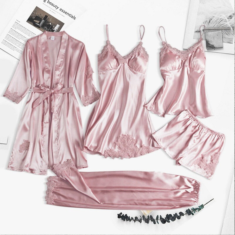Txii Leepwear Dames 5 Stuks Pyjama Set Satijnen Pyjamamas Kant Patchwork Bril Bruiloft Nachtkleding Rayon Home Wear Nighty & Robe Pak