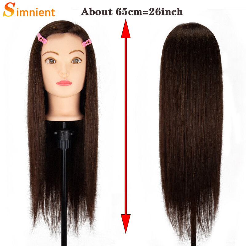 Cabeza de Maniquí de pelo largo con 85% de pelo Real para práctica de peluquería, cabeza de muñeca de entrenamiento de cosmetología y trípode de soporte para peluca