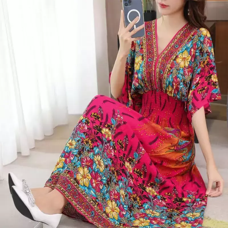 2024 nowy styl damski z dekoltem w szpic z krótkim rękawem francuski tajski styl sukienka kwiatowa damski letni nadruk styl ogrodowy spódnica hurtowa