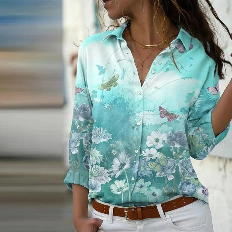 Blusa de manga comprida com peito único estampado feminino, camisa de lapela elegante, streetwear estampado casual, ajuste solto