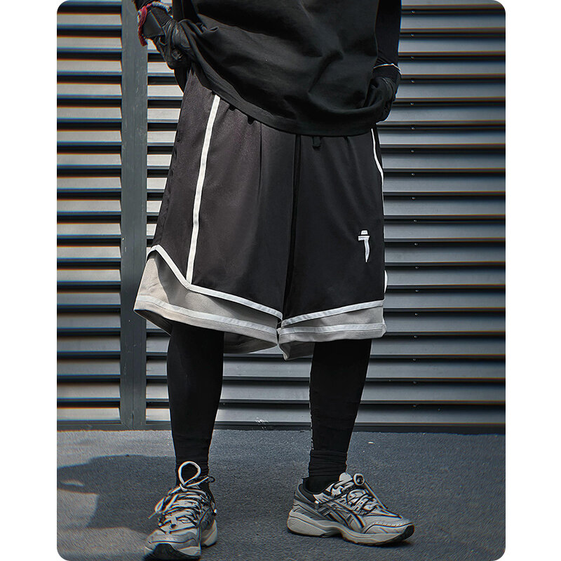 Unisex malha americana esportes basquete shorts, falso dois capris casual, sobre o joelho calça média, roupas masculinas, harajuku, verão