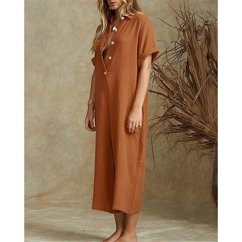 Women Solid Wide Leg Short Sleeve Elegant Jumpsuits Lady Summer Turn-down Collar Buttoned Jumpsuit Loose One-Piece Clothing